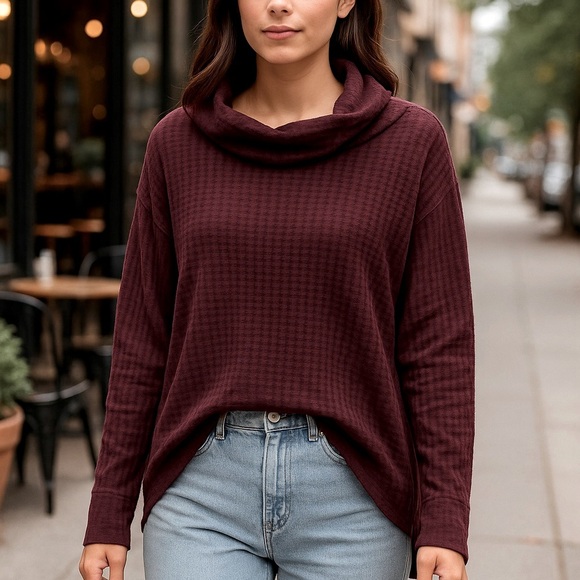 Free People Date Night Waffle Knit Cowl Neck Top Burgundy Size M (NWT) - Picture 1 of 13